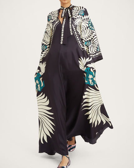 "Noir Tropics" Bold Floral Print Kaftan Maxi Dress