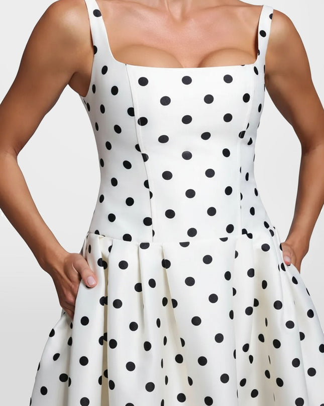 "Retro Dot" Polka Dot Square Neck Midi Dress