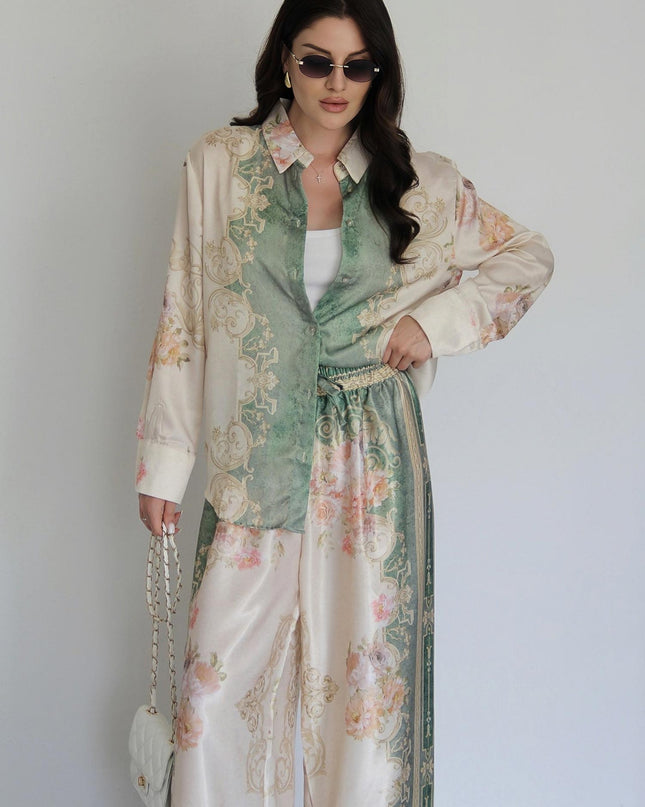 "Vintage Garden" Satin Floral Print Two-Piece Set