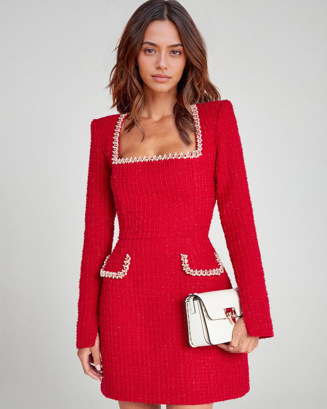 "Couture Tweed" Pearl-Trim Square Neck Mini Dress