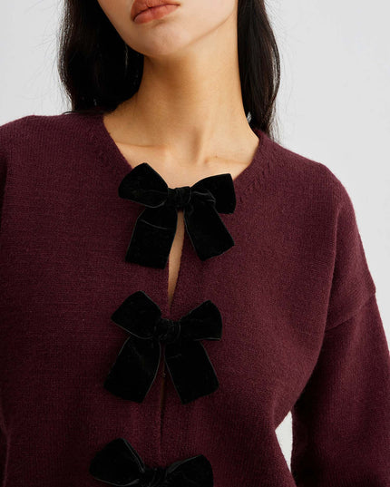 "Velvet Bow" Burgundy Knit Cardigan