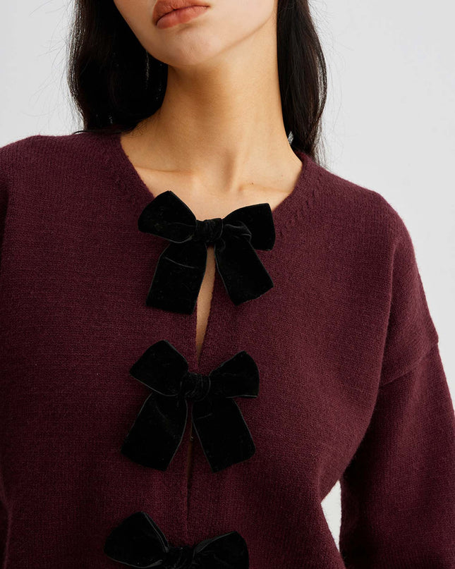 "Velvet Bow" Burgundy Knit Cardigan