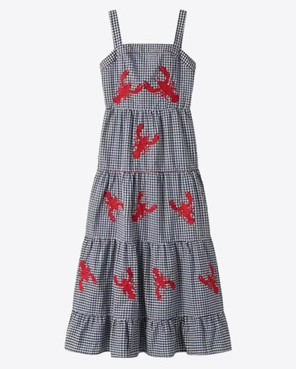 "Crawfish Picnic" Gingham & Lobster Embroidered Maxi Dress