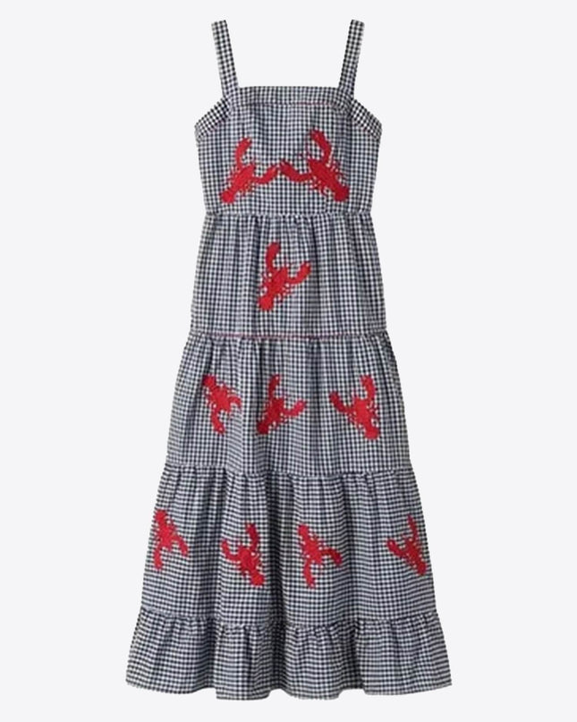 "Crawfish Picnic" Gingham & Lobster Embroidered Maxi Dress