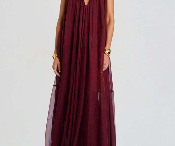 Burgundy Breeze" Halter Neck Sheer Maxi Dress LUNAVA Burgundy Breeze" Halter Neck Sheer Maxi Dress LUNAVA