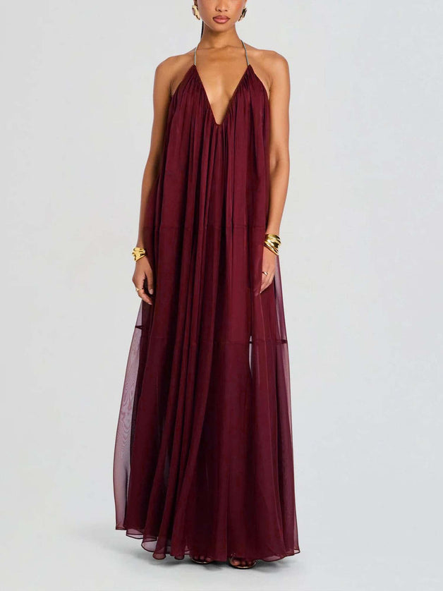 "Burgundy Breeze" Halter Neck Sheer Maxi Dress