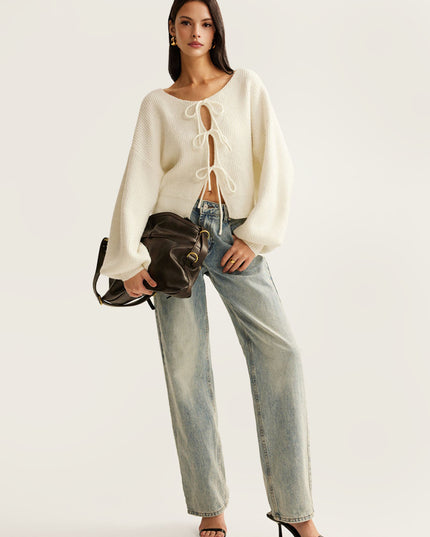 "Cream Tie-Front" Knit Cardigan