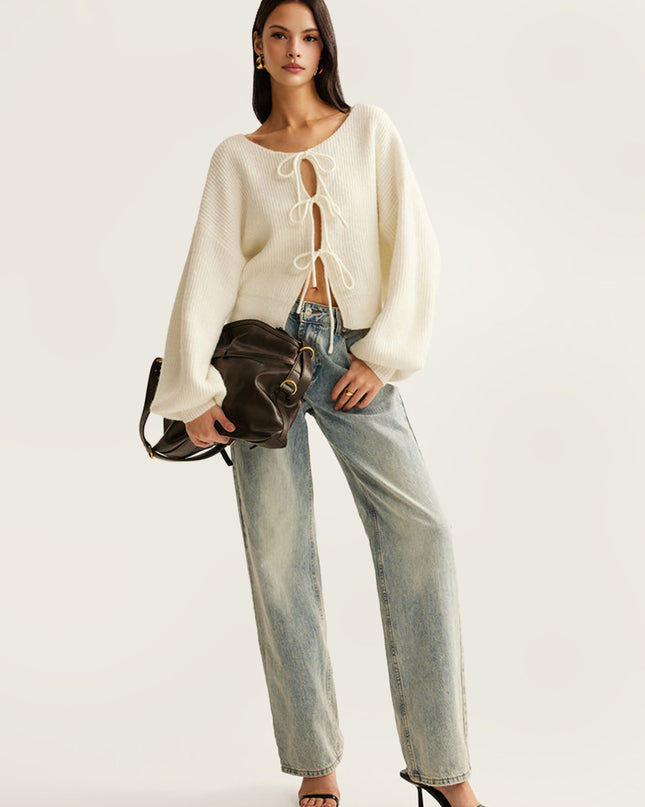 "Cream Tie-Front" Knit Cardigan