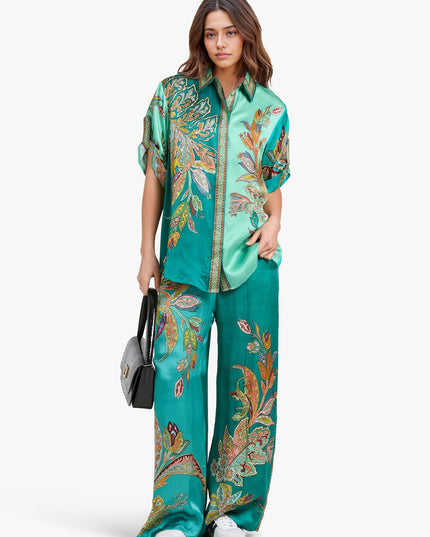 "Emerald Paisley" Teal Satin Floral Two-Piece Set