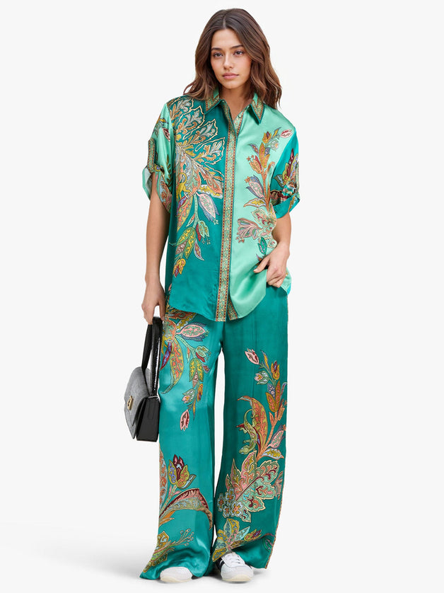"Emerald Paisley" Teal Satin Floral Two-Piece Set
