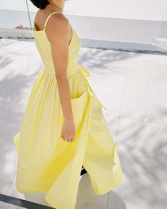 "Sunny Lemon" Sleeveless Tie-Waist Maxi Dress