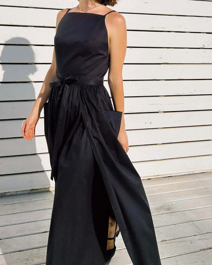 "Classic Noir" Sleeveless Tie-Waist Maxi Dress