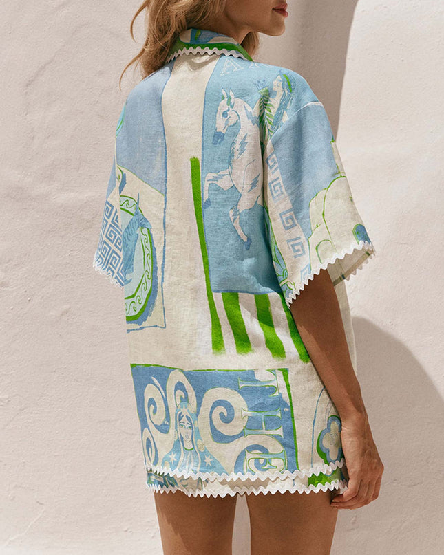 "Santorini Breeze" Patchwork Print Shorts Set