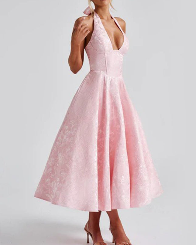 "Blush Jacquard" Halter Midi Dress