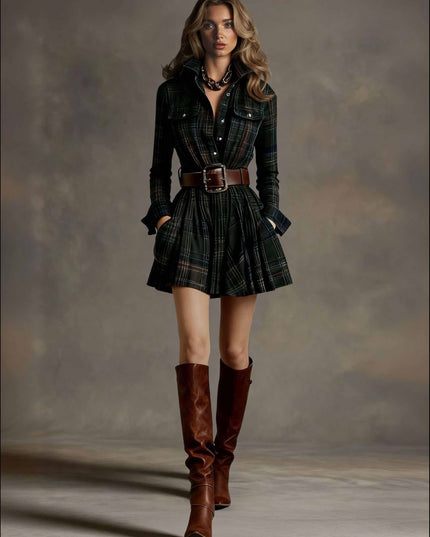 Retro Plaid Single-breasted Mini Dress