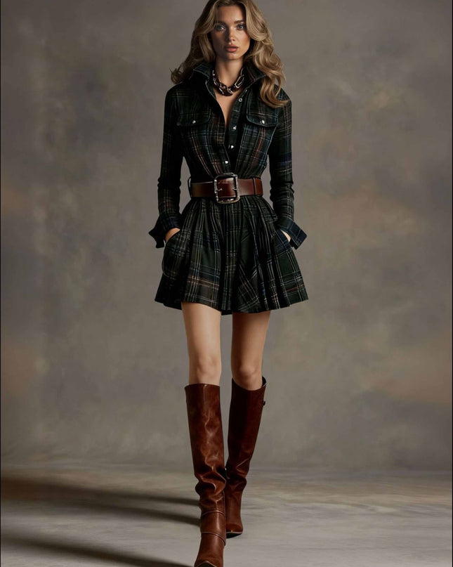 Retro Plaid Single-breasted Mini Dress