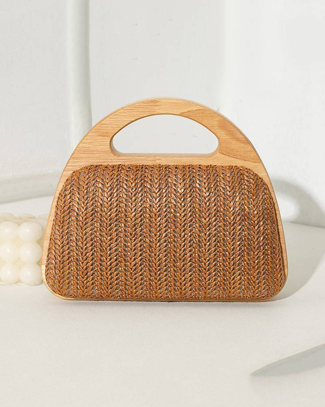 Straw and wood patchwork handbag