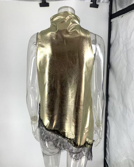 "Metallic Lace" Gold/Black Sleeveless High-Neck Asymmetrical Top