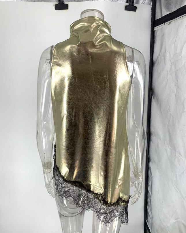 "Metallic Lace" Gold/Black Sleeveless High-Neck Asymmetrical Top