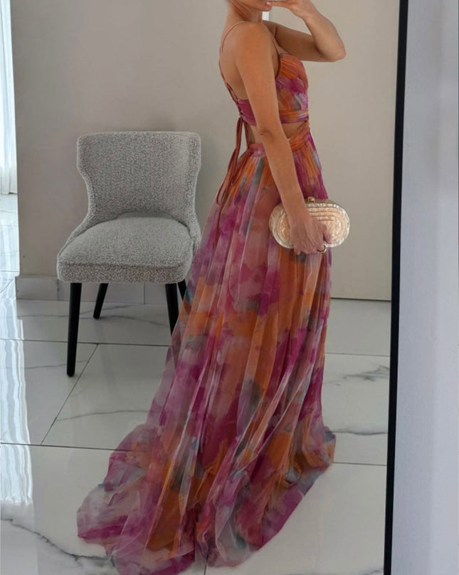 "Sunset Watercolor" Cutout Chiffon Maxi Dress