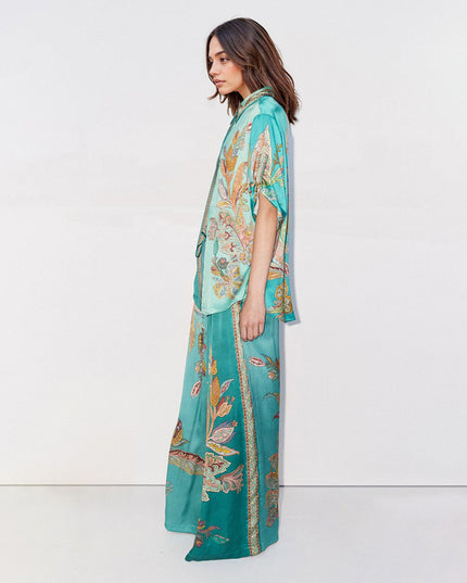 "Emerald Paisley" Teal Satin Floral Two-Piece Set