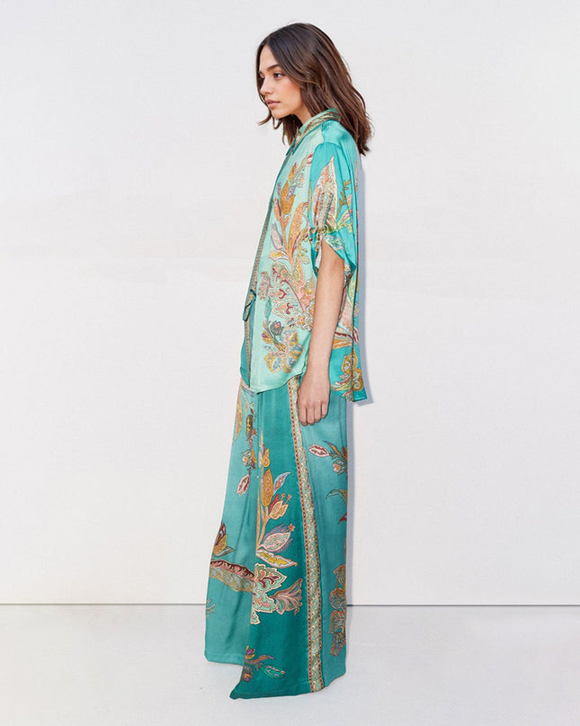 "Emerald Paisley" Teal Satin Floral Two-Piece Set