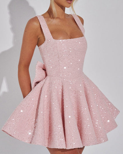 "Starlit Bow" Sequin Square Neck Mini Dress