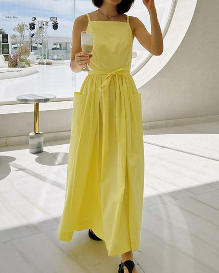 "Sunny Lemon" Sleeveless Tie-Waist Maxi Dress