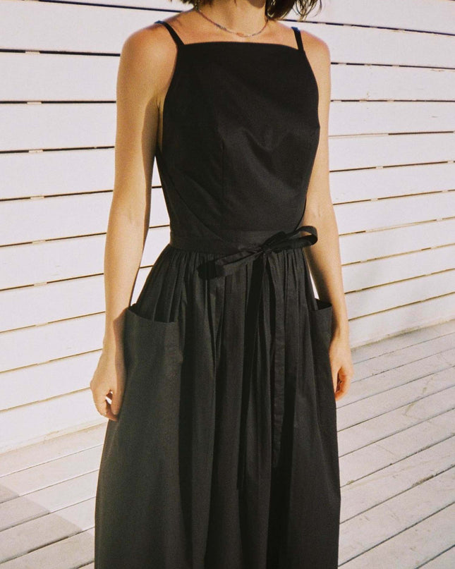 "Classic Noir" Sleeveless Tie-Waist Maxi Dress