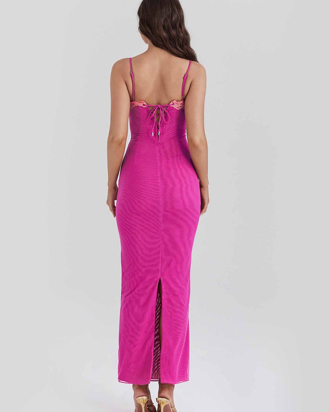 "Blush Lace" Hot Pink Mesh Maxi Dress with Pink Lace Trim