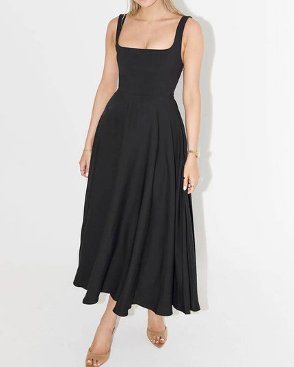Elegant Sling Square Collar Large Swing MidI Dress