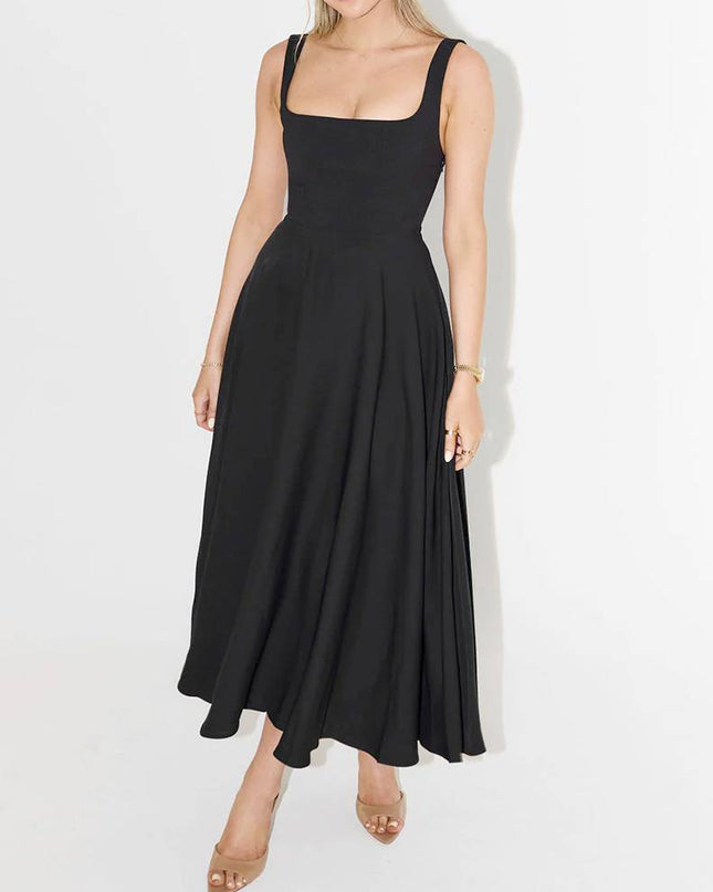 Elegant Sling Square Collar Large Swing MidI Dress