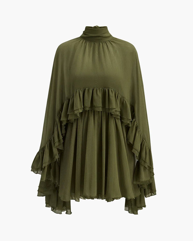 Semi-Sheer Chiffon Ruffle Cape And Mini Dress Suit