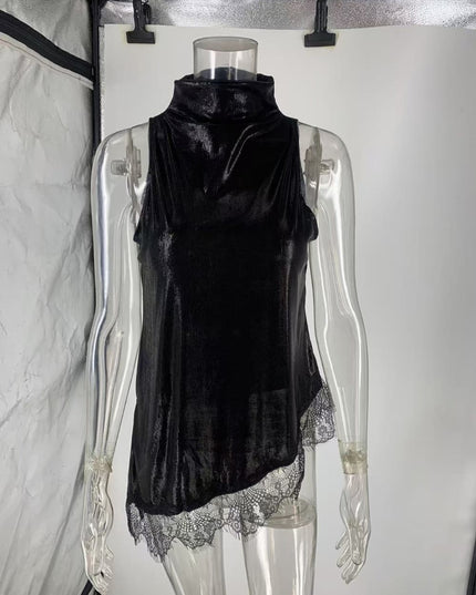 "Metallic Lace" Gold/Black Sleeveless High-Neck Asymmetrical Top