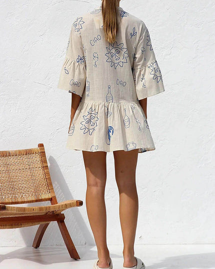 "Ciao Amore" Italian Doodle Print Tiered Mini Dress