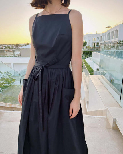 "Classic Noir" Sleeveless Tie-Waist Maxi Dress