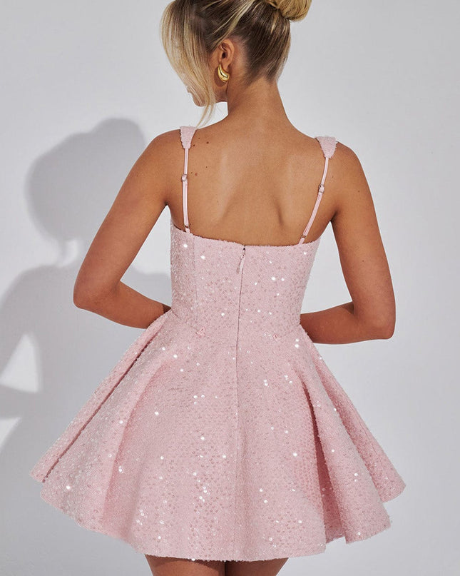 "Starlit Bow" Sequin Square Neck Mini Dress