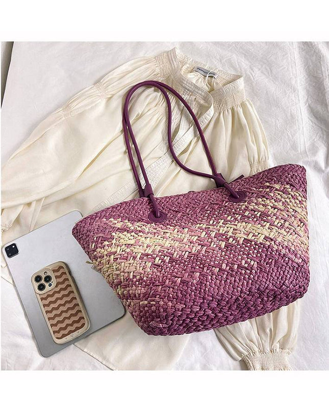 Gradient Colorful Hand-woven Beach Straw Bag