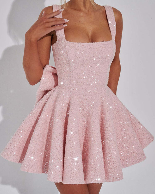 "Starlit Bow" Sequin Square Neck Mini Dress