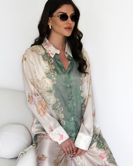 "Vintage Garden" Satin Floral Print Two-Piece Set