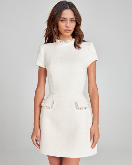 "Noir Couture" Tweed Pearl-Trim Mini Dress