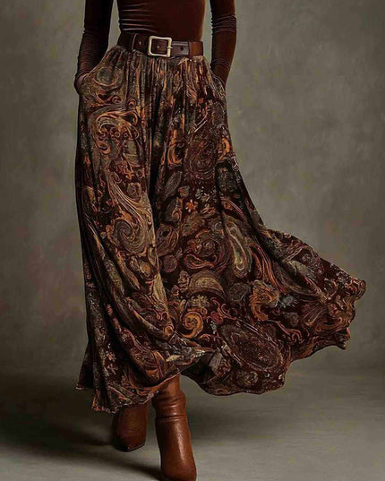 Retro Stretch Velvet Top And Paisley Print Maxi Skirt Set