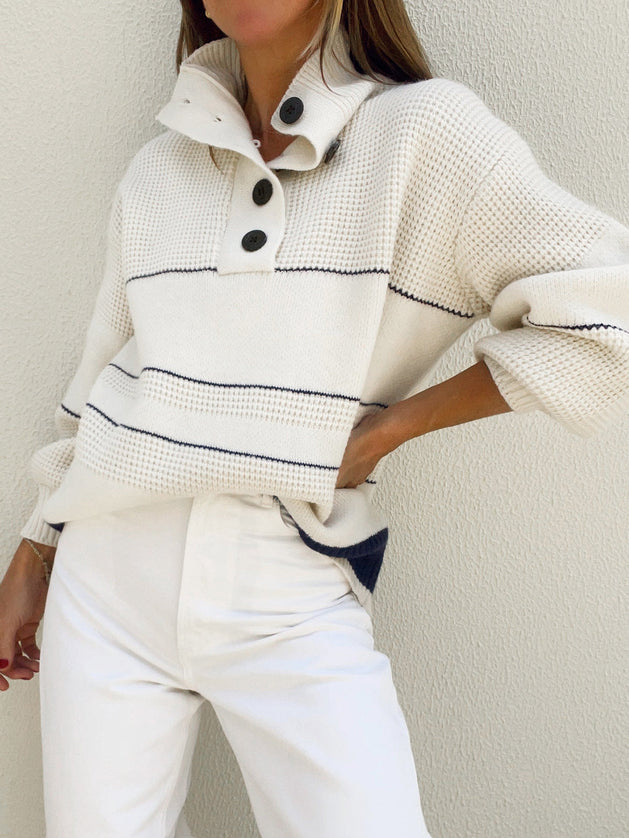 Cream Navy Stripe Half-Button Knit Sweater