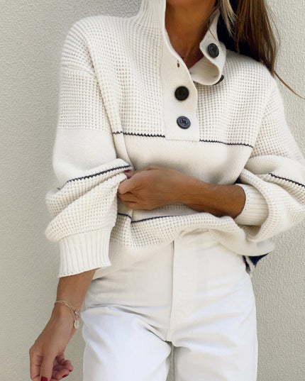 Cream Navy Stripe Half-Button Knit Sweater