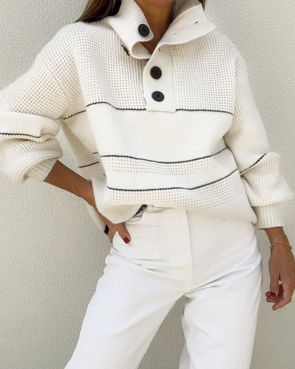 Cream Navy Stripe Half-Button Knit Sweater