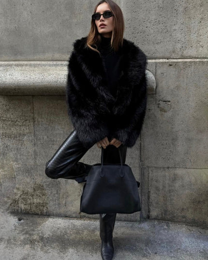 "Midnight Noir" Black Cropped Faux Fur Jacket