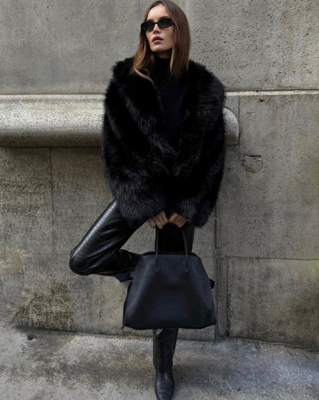 "Midnight Noir" Black Cropped Faux Fur Jacket