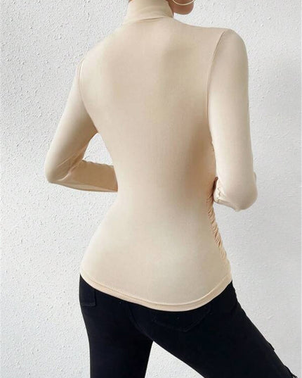 Cross-Over Collar Pleated Cinched T-Shirt