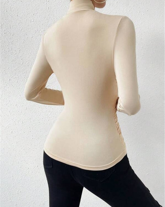 Cross-Over Collar Pleated Cinched T-Shirt