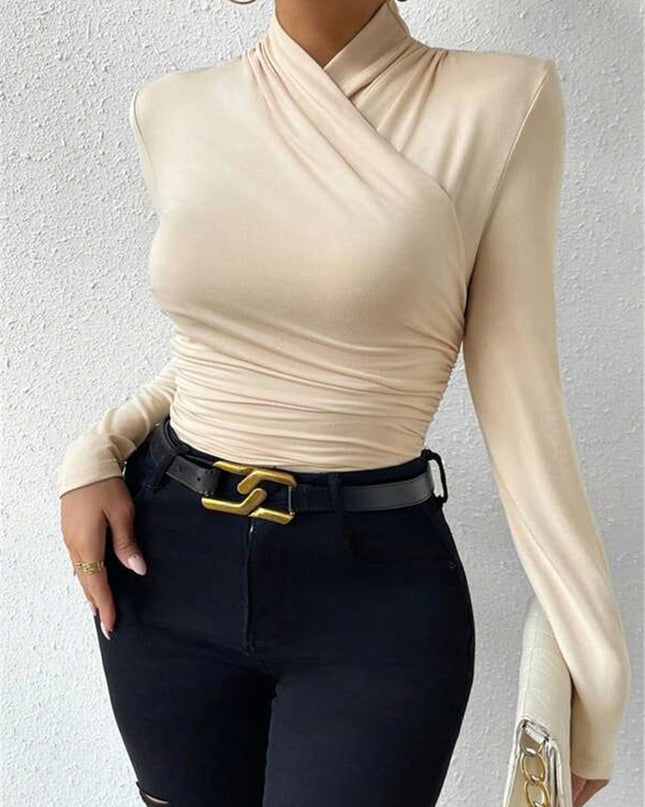 Cross-Over Collar Pleated Cinched T-Shirt